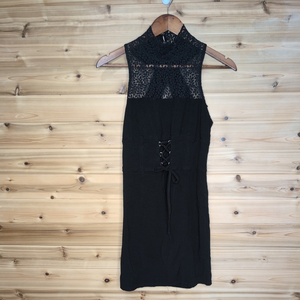 Intimately Free People Black Lace Mock Neck Corset Mini Dress Open Back Medium‎